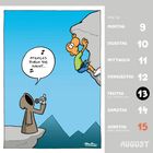 Illustration: Ein Mönch singt „Atemlos durch die Nacht...“. Ein Kletterer hängt an einer Klippe. Kalender zeigt KW 32.