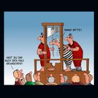 Zwei Männer führen einen Gefangenen zur Guillotine. Ein Zuschauer fragt: "Hast du dir auch den Hals gewaschen?"