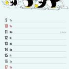 Kalender für Januar 2027 mit Zeichnungen: Maulwurf, Pinguine mit Mützen und eine Katze. Feiertage wie Neujahr sind markiert.