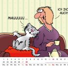 Kalenderillustration: Eine Katze miaut, eine Frau antwortet mit „Ich dich auch!“. Unten ist der Monat Februar abgebildet.