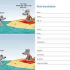 Links: Zwei Mäuse-Illustrationen am Strand. Rechts: Tabelle für Kontaktdaten. Texte: "EINE FLASCHENPOST!", "EIN USB-STICK!".