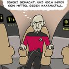 „Wir haben das Beamen erfunden...kein Mittel gegen Haarausfall.“ Illustration: Eine Person in einem roten Raumanzug sitzt.