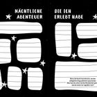 "Nächtliche Abenteuer", "die ich erlebt habe". Sterne umrahmen leere, unregelmäßige Textfelder für Einträge.