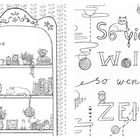 „So viel Wolle, so wenig Zeit.“ Links ein Regal mit Büchern, Pflanzen und einer schlafenden Katze. Rechts dekorative Elemente.