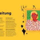 Einleitung. Was ist dieses Buch? Kunst. Punkt. Ende. Illustration: Frau mit rotem Gesicht in buntem Rahmen auf gelbem Hintergrund.