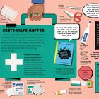 ERSTE-HILFE-KOFFER. Verschiedene Gegenstände wie Pflaster, Schere, Verbände, mit Beschreibungen ihrer Verwendungen.