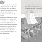 Linke Seite: Text über Min-Jun auf einem Wikingerschiff. Rechte Seite: Illustration von Vikingern und Kindern auf einem Drachenboot.