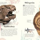 Links steht "Dunkleosteus" neben einer Schädelillustration. Rechts "Helicoprion" neben einem Zahnspiralfossil.