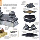 Die Doppelseite enthält Informationen und Illustrationen zur Burg Kumamoto. Links steht "IM DETAIL: BURG KUMAMOTO" und "DAS DACH". Rechts sind Möbelideen gezeigt.