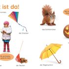 "Der Herbst ist da!" Bilder von Wildgänsen, Eichhörnchen, Drachen, Laternen, Kürbis und mehr Herbstsymbole.