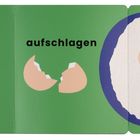 Links steht "ein Ei", in der Mitte "aufschlagen", daneben ein aufgeschlagenes und ein Spiegelei auf grünem Hintergrund.