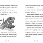 Text beschreibt ein Mädchen namens Nova, die Erfindungen macht, und einen nassen Dackel namens Pickle, der Matsch verteilt. Illustration zeigt einen fröhlichen, nassen Hund mit Rädern an den Hinterbeinen und dem Text "Wau, wau!". Seitenzahlen 4 und 5.
