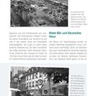 Zwei Schwarz-weiß-Fotos zeigen historische Stadtansichten. Texte beschreiben Zerstörung im Krieg und das Gasthaus "Roter Bär".