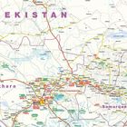 UZBEKISTAN, Bukhara, Samarqand. Detailreiche geografische Karte mit Städten, Straßen und Seen in verschiedenen Farben.