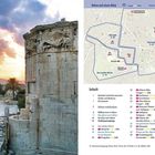 "Athen auf einen Blick" oben, Inhaltsverzeichnis mit Seitenzahlen, Karte rechts, Turm mit Relief links, Sonnenuntergang.