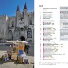 Inhalt: Avignon entdecken. Sehenswürdigkeiten markiert. Liste: Cours Jean Jaurès, Place de l’Horloge, Palais des Papes. Maler vor historischer Burg.