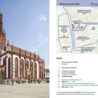 Links: Eine große gotische Kirche mit detaillierter Architektur. Rechts: Karte von Würzburg und Inhaltsverzeichnis.