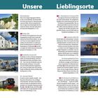 Texte im Bild:
- "Unsere Lieblingsorte"
- "Die Kreideküste"
- "Putbus [G8]"
- "Stadthafen Sassnitz [I5]"
- "Der ‚Rasende Roland‘"
- "St. Marienkirche in Stralsund [B9]"
- "Seebrücke Sellin [J8]"
- "Der Baumwipfelpfad in Prora"
- "Der Dornbusch auf Hiddensee [J8]"