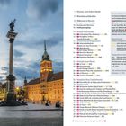 Inhalt, Überschriften und Seitenzahlen bedecken die linke Hälfte. Rechts, eine abendliche Stadtplatzszene mit beleuchteten Gebäuden.