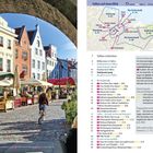 "Tallinn auf einen Blick", Stadtplan mit Sehenswürdigkeiten. Links historischer Marktplatz mit bunten Häusern und Blumenständen.