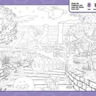 Text oben: „Finde die Pokémon und male die Szene bunt aus!“ 
Viele verschiedene Pokémon in einer detaillierten Gartenlandschaft.