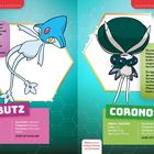 Links: „Das starke Wesen“. Tobutz, Willenskraft-Pokémon. Typ: Psycho. Rechts: Coronopsa, Königs-Pokémon. Typ: Psycho/Pflanze.