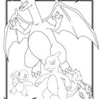Illustration von drei drachenähnlichen Kreaturen in einem rechteckigen Rahmen, umgeben von Flammenmotiven.