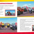 "Die Raketennachterbahn" steht oben in roter Schrift. Darunter sind Monstertrucks auf einem Rummelplatz abgebildet.