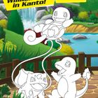 "Willkommen in Kanto!" und "Welches ist dein erstes Partner-Pokémon? Male es bunt aus!" vor einer Waldlandschaft und Pokémon.