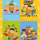 READY. SET. STUMBLE! Tumble Guys in bunten Landschaften, ein Charakter in Siegerpose, Comic-Stil.