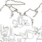 Nachts im Wald mit Nachtara und weiteren Pokémon. Zeichnung zum Ausmalen.