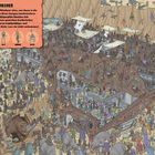"DER JAWA-SANDKRIECHER" und Beschreibung über Jawas auf Arvala-7. Illustration einer lebhaften Szene mit vielen Figuren und Aktivitäten.