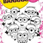 Text: "BANANA! Willkommen in der turbulenten Welt der Minions. Male sie bunt aus!" Zeichnung von fröhlichen Minions.