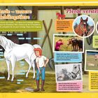 Text: "Pferde – unsere Lieblingstiere", "Pferde verstehen". Eine Illustration zeigt Kinder, die ein weißes Pferd pflegen.