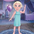 "Style Anna und Elsa auf den farbigen Seiten mit ihren schönsten Kleidern!" Illustration: Mädchen in blauem Kleid mit Ballon.