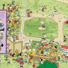 Text: "Keiner fängt den Ball beim Baseball so wie Snoopy! Entdeckst du diese sechs Freunde von Snoopy in dem Spieler- und Besucher-Gewimmel? SCHROEDER, RERUN, FRANKLIN, VIOLET, SALLY, LUCY." 

Eine bunte Illustration zeigt Kinder und Snoopy bei einem Baseballspiel, umgeben von einem lebhaften Publikum.