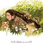 "Freude wird größer, wenn man sie teilt." Illustration: Eine Person liegt mit Teddybären in einem Blumenfeld.