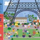 Illustration von Peppa Pig in Paris, Text: "Bonjour, Frankreich!", Suche nach Objekten wie Postkarten und Croissants.