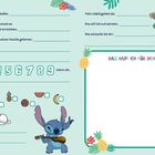 Ein Fragebogen für Kinder mit Feldern zum Ausfüllen, verziert mit tropischen Motiven und Cartoon-Figuren.