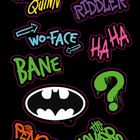„Harley Quinn“, „The Riddler?“, „Two-Face“, „Ha Ha“, „Bane“, stilisierte Schriften. Batman-Logo mittig.