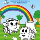 "Leo und Lea freuen sich darauf, zusammen etwas zu bauen. Male die beiden aus!" Zwei fröhliche Fahrzeuge unter einem Regenbogen.
