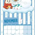 November-Kalenderblatt: blaue und weiße Streifen, Schneeflocken, drei fabelhafte Kreaturen, eine auf einem Ball.