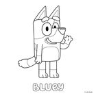 Unter dem Charakter steht "BLUEY". Die Illustration zeigt einen fröhlichen, stehenden Hund, der die Hand hebt.