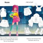 "Rosie ... liebt es bunt. Mach meine Kleider zu Eye-Catchern: Pink, Lila, Türkis, Neongelb. Schnapp dir deine Stifte!"

Eine Illustration eines Mädchens mit pinken Haaren in bunten Kleidern, umgeben von unkolorierter Kleidung.