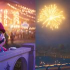 Mario sieht, dass Peach allein auf dem Dach des Schlosses sitzt und ihr Geburtstagsfeuerwerk betrachtet. Mario und Peach schauen.