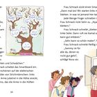 Text: „Nach einer Weile stellt sich Frau Schnack vor die Klasse...“  
Illustration: Lehrer und Schüler an einer Tafel, Baum mit Namen.