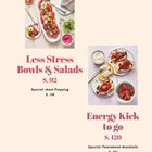 Texte: "Less Stress Bowls & Salads S. 92", "Energy Kick to go S. 120". Bilder von Speisen, darunter Salate und belegte Brote.