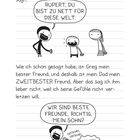 Zwei Dialoge: „Rupert, du bist zu nett für diese Welt.“ und „Wir sind beste Freunde, richtig, mein Sohn?“ Zeichnungen von lächelnden Figuren.