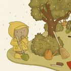 Text: „Schnell! Die Gartengeräte müssen in den Schuppen gebracht werden, bevor sie nass werden. Wo ist denn bloß die andere GRÜNE SCHAUFEL hin?“  
Illustration: Ein Tier mit gelbem Regenmantel sucht eine grüne Schaufel im Garten, neben einem Baum und Geräteschuppen.