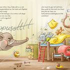 Ein Elefant pustet kräftig, Spielzeug und Decken fliegen durcheinander, bunte und fröhliche Szene voller Bewegung.